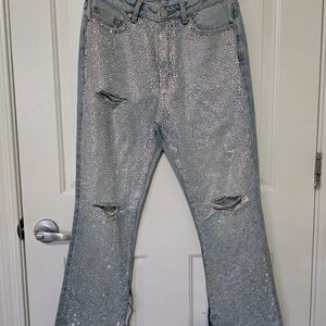 Rhinestone Embellished Light Blue Distresses Jeans